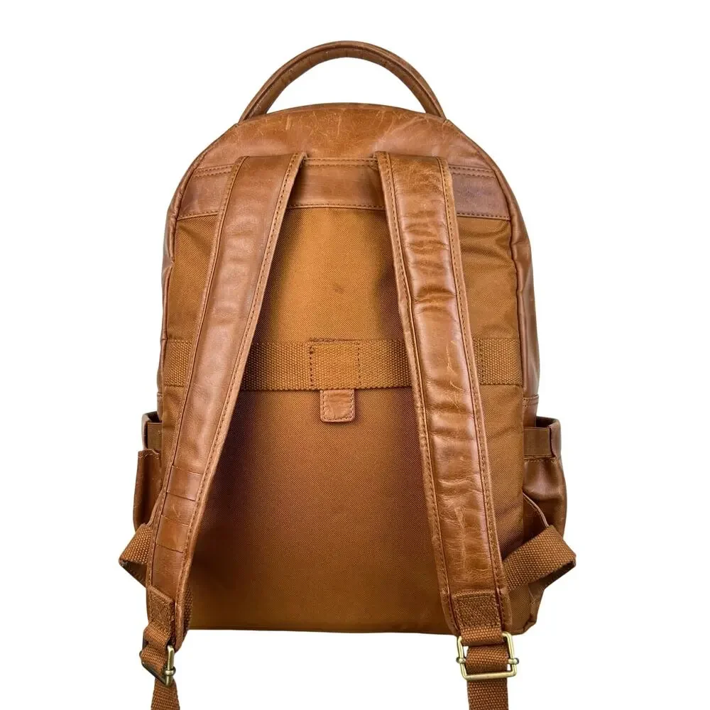 Genuine Leather Laptop Travel Backpack with Trolley Strap for Suitcase